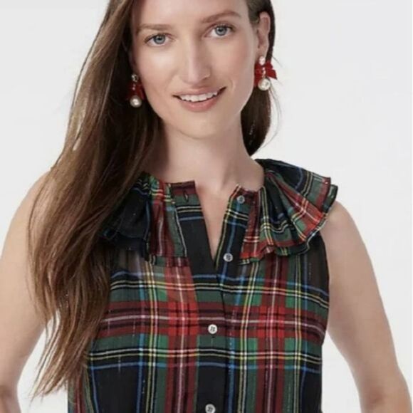 J. Crew Ruffle Collar Stewart Tartan Plaid Sleeveless Button Top Blouse Medium - Picture 2 of 11